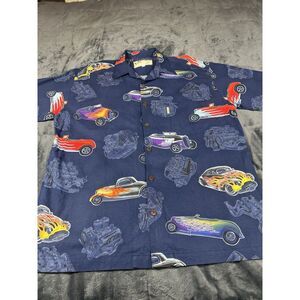 VINTAGE KoKo Island Men Button Up Shirt Large hot rod, print Surf Short‎ Sleeve